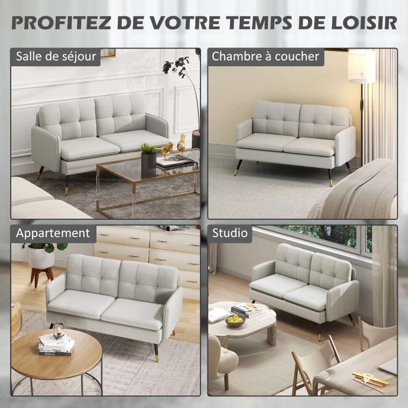 HOMCOM Canapé 2 places, canapé de salon, coussins, assise rembourrée, dossier capitonné, 139 x 68 x 80 cm, crème