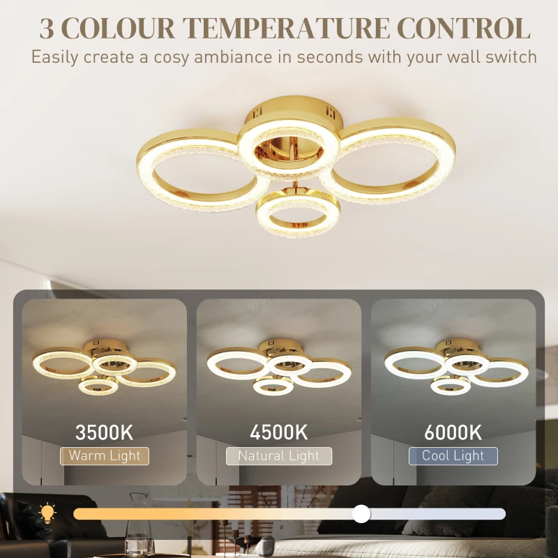 HOMCOM LED Ceiling Light, Modern Dimmable 4 Rings Ceiling Lamp with Wall Switch, 40W 4350lm Flush Mount Ceiling Light with 3500K/4500K/6000K Colour Temperatures for Living Room, Bedroom, Gold Tone