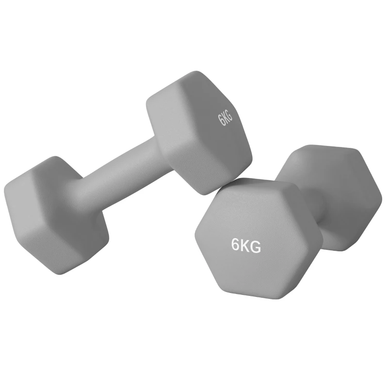 SPORTNOW Set 2 Ganterele Hexagonale de 2x6 kg din Metal și Plastic, 2 Ganterele cu Mânere Antiderapante, 22x10x10 cm, Gri