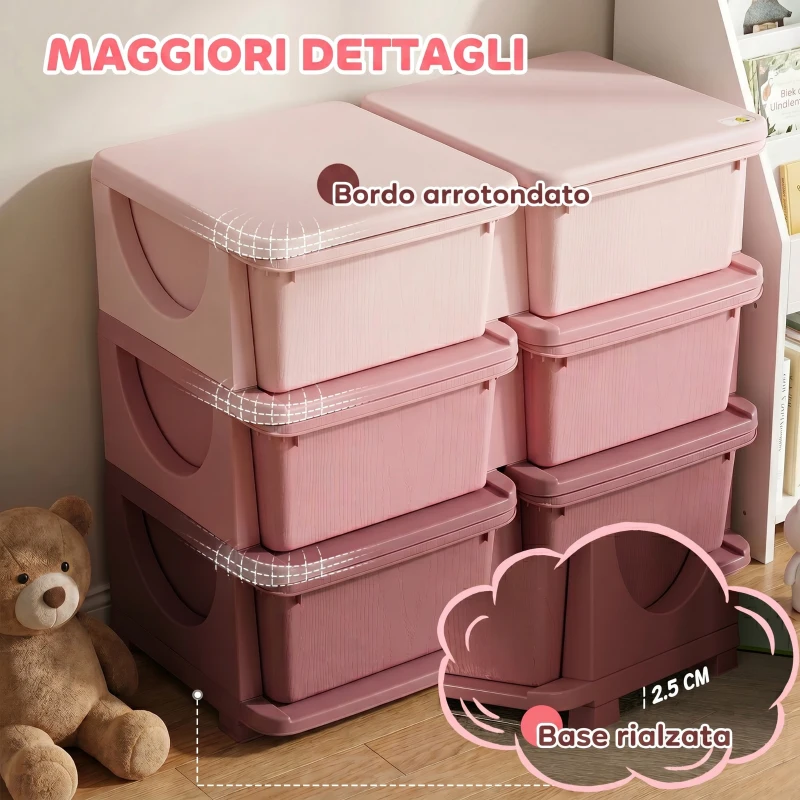 HOMCOM Torre de Almacenamiento Infantil con 6 Cajones Organizador de Juguetes con Bordes Redondeados y Asas 75x37x56,5 cm Rosa