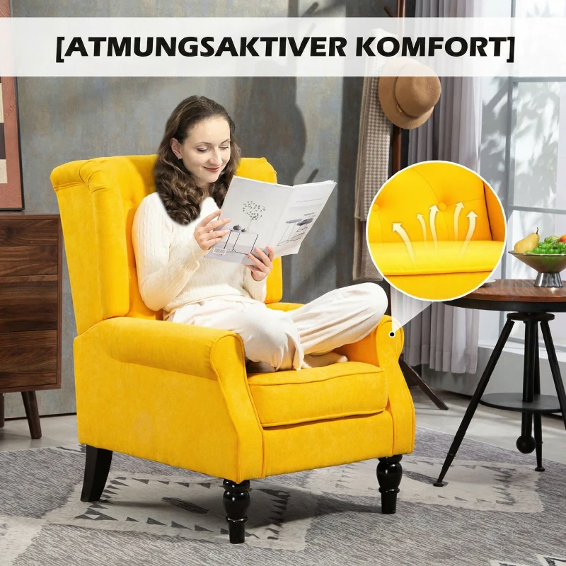 HOMCOM Sillón de Salón con Reposabrazos y Patas de Madera Butaca Carga 160 kg para Dormitorio Oficina 74x86x102 cm Amarillo