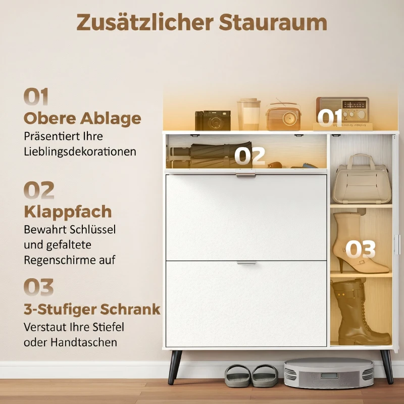 HOMCOM Schmaler Schuhschrank mit 2 Klappfächern, Schuhschrank mit Lychee-Leder-Türen und verstellbaren Regalböden, Weiß