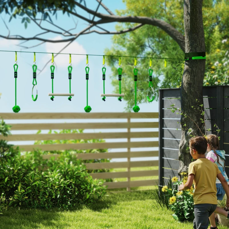 AIYAPLAY Parcours d'obstacles Ninja pour enfants 10 M kit de tyrolienne complet 7 pièces charge 50 kg, installation facile, vert