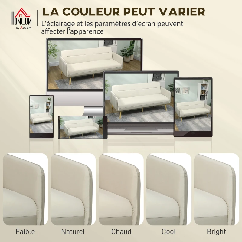 HOMCOM Canapé convertible 3 places 3 en 1, canapé-lit clic-clac, dossier réglable, assise rembourrée, 185 x 84 x 83 cm, beige