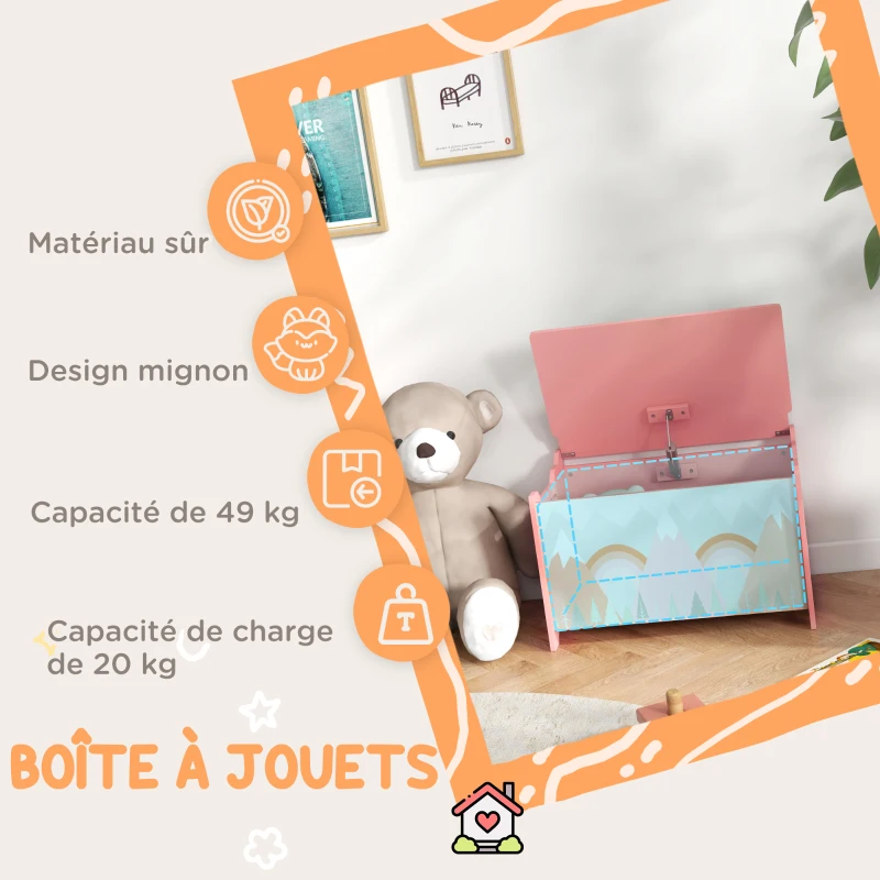 ZONEKIZ Coffre à jouet enfant coffre de rangement enfant couvercle rabattable motif de forêt coins arrondis 60 x 37 x 39 cm rose