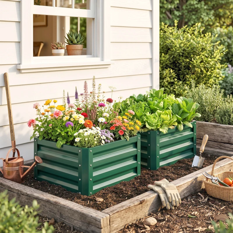 Outsunny Lot de 2 jardinières surélevées, carre potager de jardin pour légumes, fleurs, acier galvanisé 60 x 60 x 30,5 cm, vert