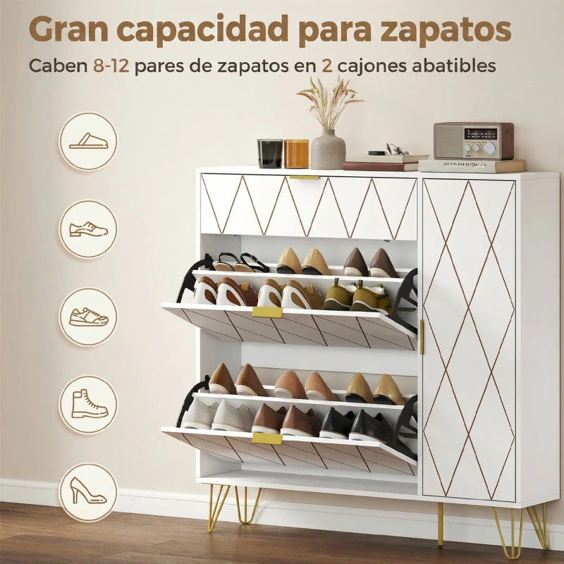 HOMCOM Mueble Zapatero Moderno con 2 Cajones Abatibles Armario y Estantes Ajustables para 10-14 Pares de Zapatos Blanco