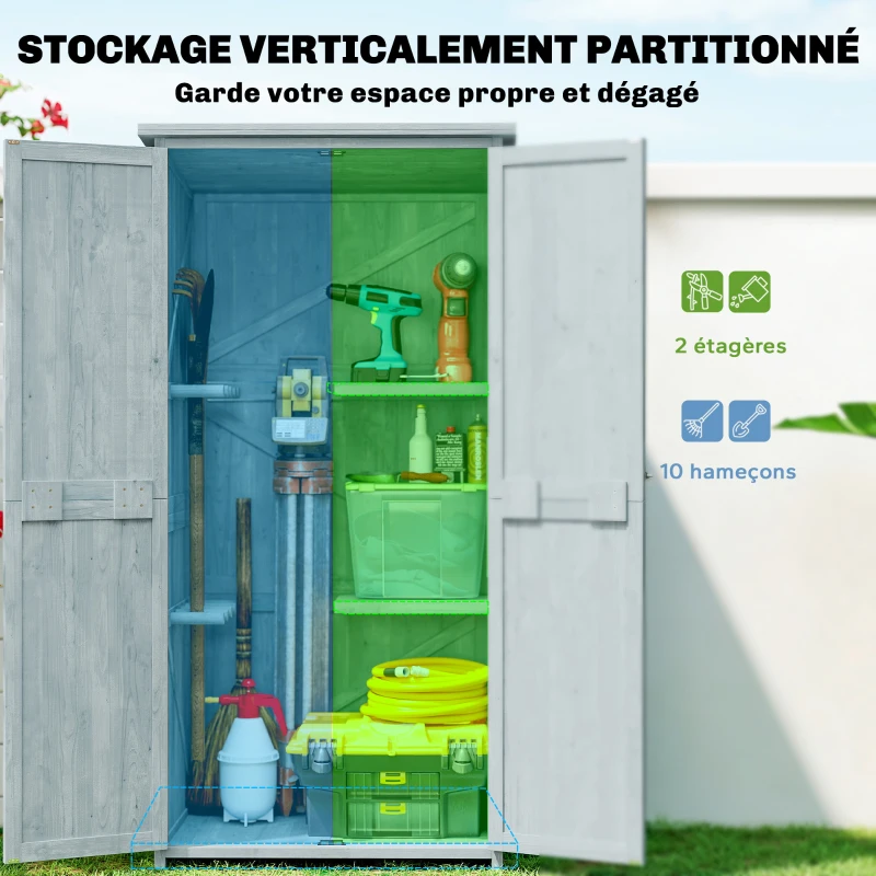 Outsunny Armoire de jardin, armoire extérieure de rangement en bois avec 2 portes verrouillables, 2 étagères et 10 crochets, gris