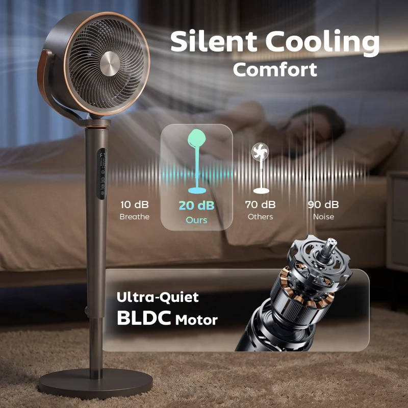 HOMCOM 20dB Silent Standing Fan, 70°+90° Auto Oscillating Fan with 12 Speeds, LED Light, Air Circulator, Remote Control, 12H Timer, for Bedroom, 46 Inch, Grey