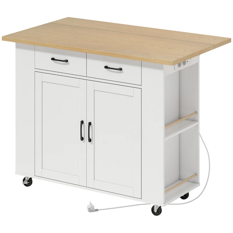HOMCOM Îlot de Cuisine avec Station de Charge, Chariot de Cuisine à Roulettes avec Plan de Travail Rabattable, 2 Tiroirs, Blanc