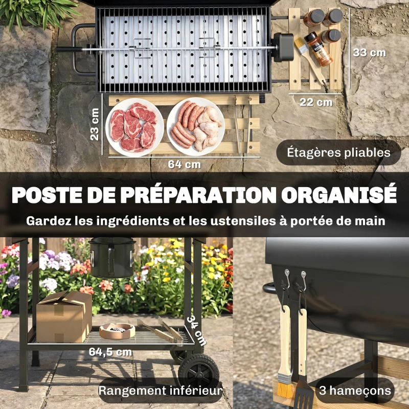 Outsunny Barbecue charbon de bois chariot de cuisson avec étagères pliables, thermomètre, roues, rôtisserie électrique, noir