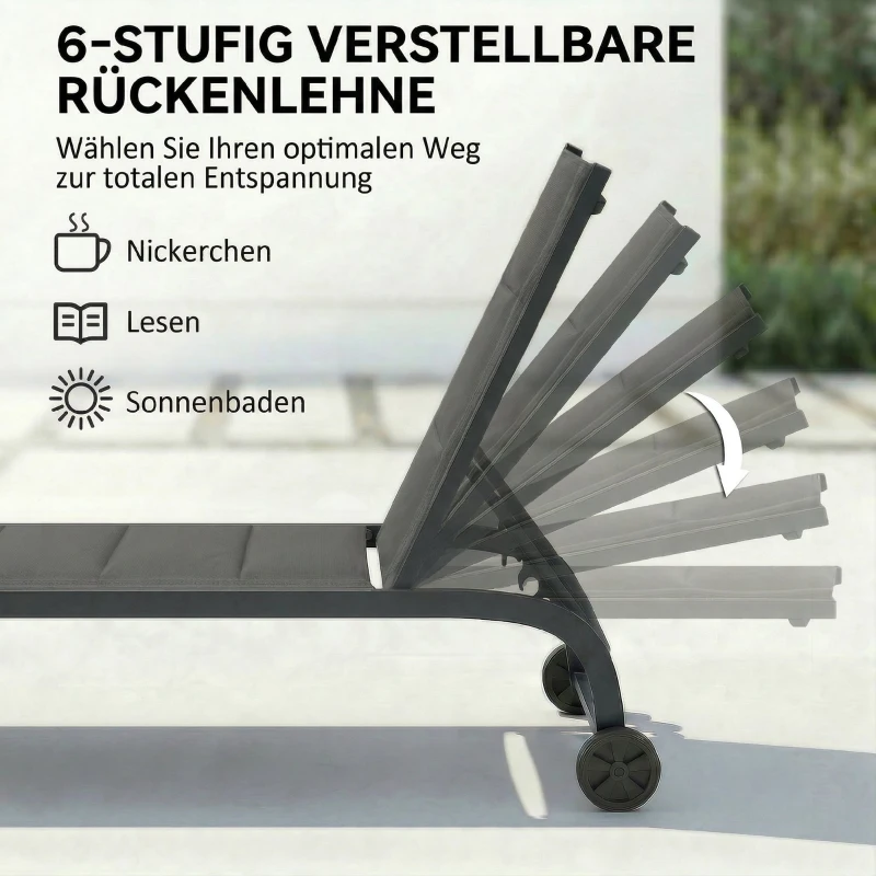 Outsunny Sonnenliege Atmungsaktive Gartenliege mit 6-fach Verstellbar Rückenlehne Rädern Aluminiumrahmen Dunkelgrau