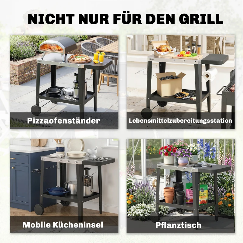 Outsunny Küchenwagen mit Rollen Servierwagen mit Haken Papierrollenhalter Müllsackständer Edelstahl 115 x 67,5 x 80,5 cm Schwarz