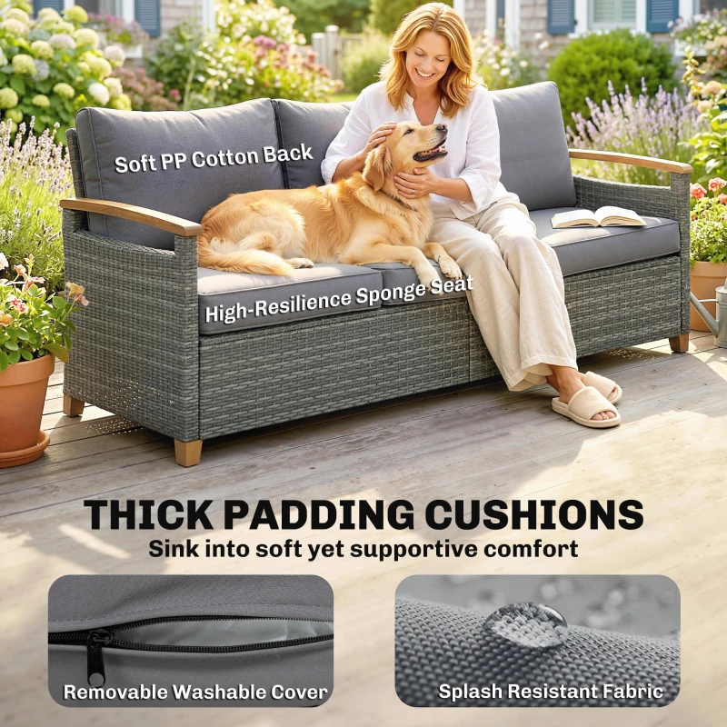 Outsunny 3 Seater Rattan Garden Sofa, PE Wicker Outdoor Sofa Wide Deep Seat, 4" Cushions, Wood-Effect Armrests Legs, Dark Grey
