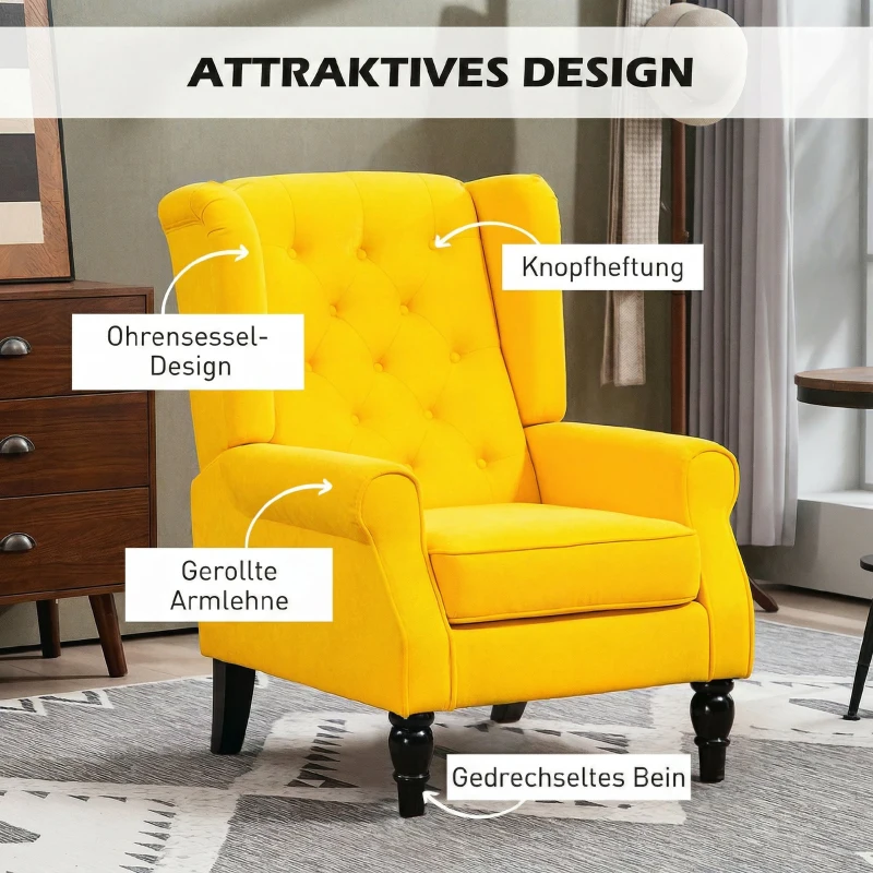 HOMCOM Sillón de Salón con Reposabrazos y Patas de Madera Butaca Carga 160 kg para Dormitorio Oficina 74x86x102 cm Amarillo
