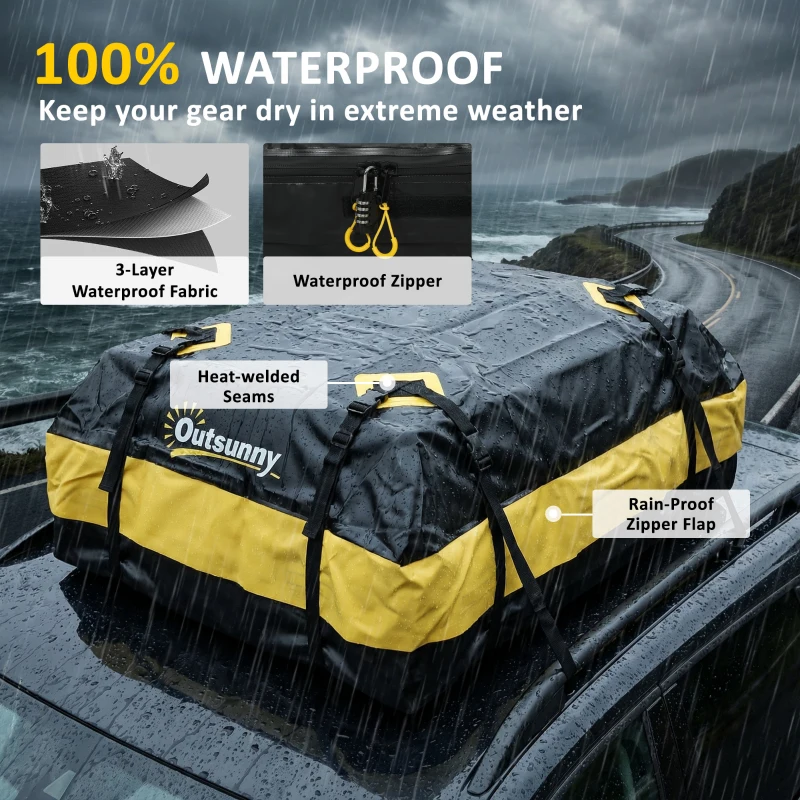 Outsunny Waterdichte dakkoffer auto 425L voor voertuigdaken met/zonder dakdrager bagagebox met 8 versterkte riemen deurhaken geel