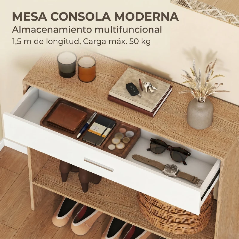 HOMCOM Recibidor de Entrada con Espejo Cajón y Estante Mueble de Recibidor para Pasillo 91,5x27,9x85,5 cm Roble
