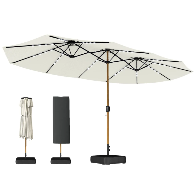 Outsunny Double Sided Garden Parasol with Base Included & 48 Solar LED Lights Patio Umbrella Crank Handle 4.6m Cream White