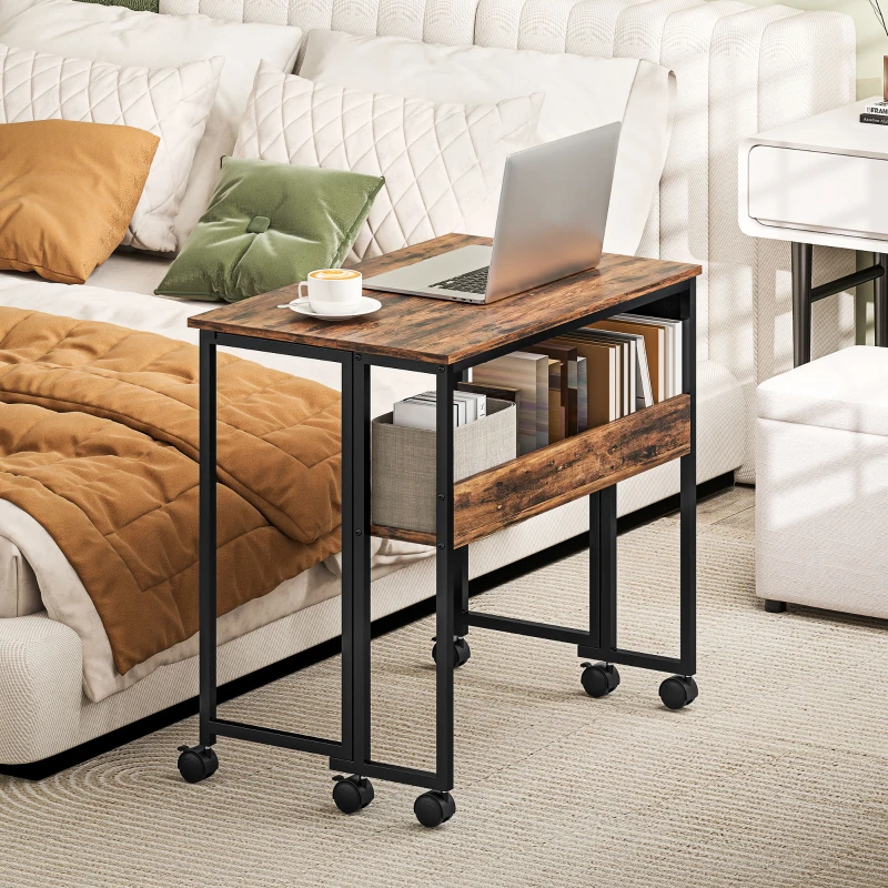 HOMCOM Bureau pliable sur roulettes 80 x 50 cm avec étagère et sac de rangement, brun rustique