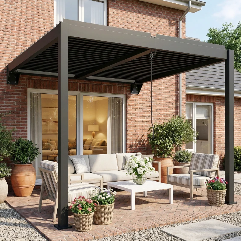Outsunny Pergola Aluminium 3x3 m Wandgemonteerd met Verstelbaar Lamellendak Terrasoverkapping Donkergrijs