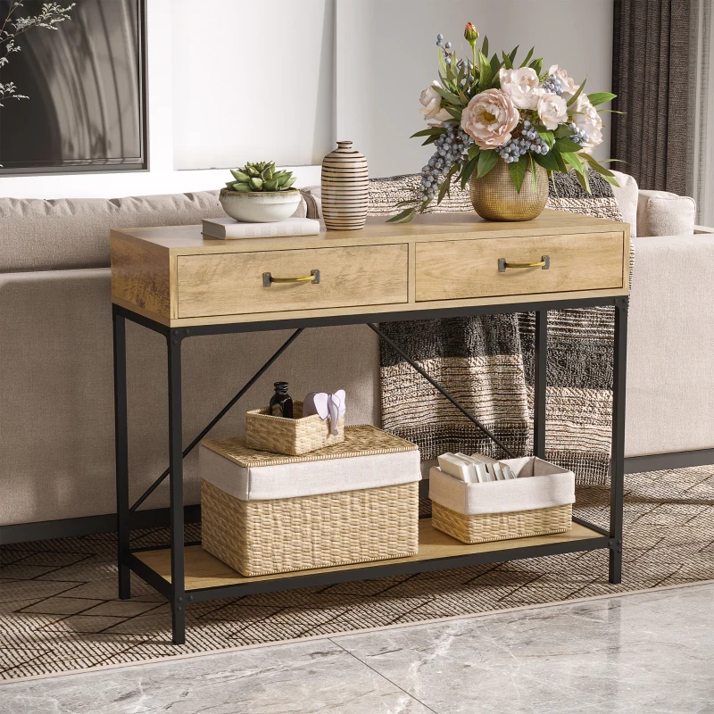 HOMCOM Mesa Consola Industrial Mesa de Sofá com 2 Gavetas e Prateleira para Entrada com Pés de Metal Castanho e Preto