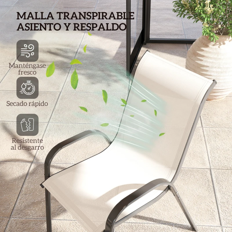Outsunny Set de 4 Sillas de Exterior Apilables con Asiento de Malla Respaldo Alto y Marco de Acero para Jardín Beige y Negro