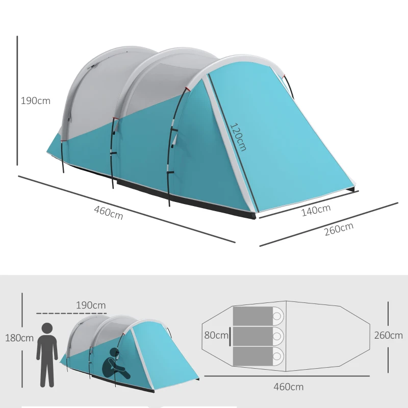 Outsunny Tente de camping familiale 3 personnes, tente tunnel imperméable, 2 portes fenêtres, ventilée 4,6 x 2,6 x 1,9 m, bleu