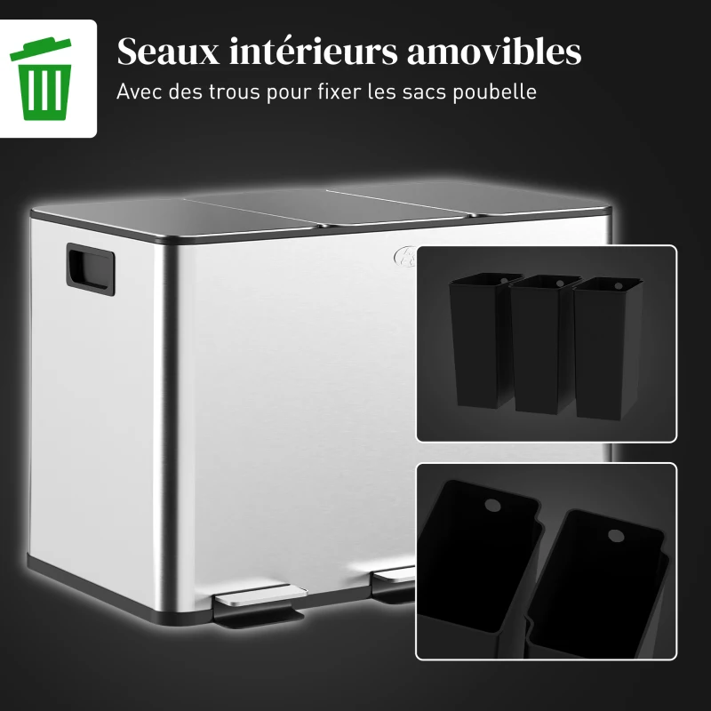HOMCOM Poubelle de cuisine, poubelle tri sélectif, 3 compartiments de 10L, seaux intérieurs amovibles, 49,6x34,5x38,6cm, argent