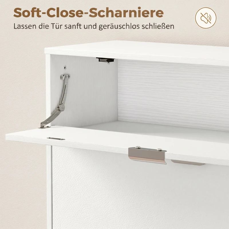 HOMCOM Schmaler Schuhschrank mit 2 Klappfächern, Schuhschrank mit Lychee-Leder-Türen und verstellbaren Regalböden, Weiß