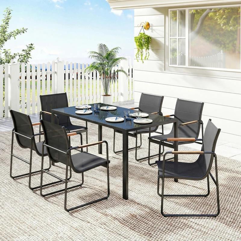 Outsunny Ensemble de Salle à Manger d'Extérieur 7 Pièces pour 6 Personnes, Table en Verre et Chaises avec Accoudoirs Décoratifs, Maille Résistante aux Intempéries, Noir