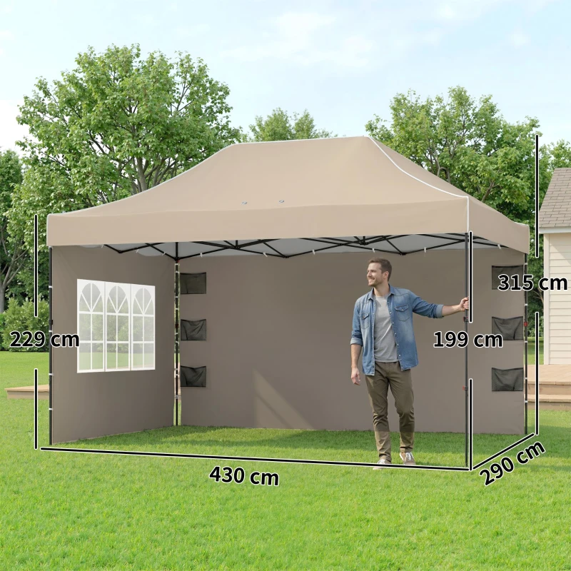 Outsunny Gazebo Pop Up Pieghevole con Pareti Laterali e Finestre, 2.9x4.3 m, in Metallo e Tessuto Oxford, Marrone Sabbia