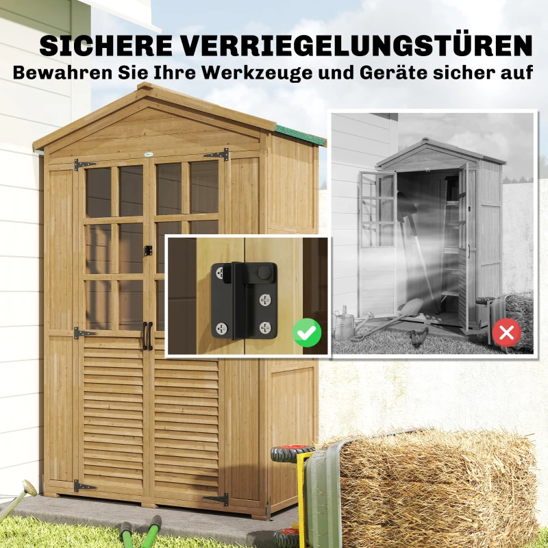 Outsunny Gartenschrank Holz mit Ablage Abschließbare Tür Bodenplatte Asphalt-Dach Belüftungspaneel 128x57,5x197cm