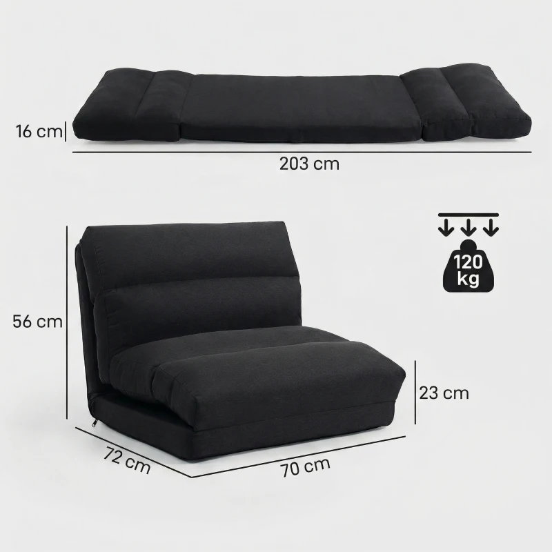 HOMCOM Bodensessel/Sofa wandelbar zum Bett, Rückenlehne 90° bis 180° Stoff - 70 x 72 x 56 cm - schwarz