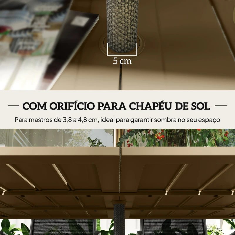 Outsunny Mesa de Jardim Retangular 150x90x73 cm com Pés de Aço Orifício para Chapéu de Sol e Desenho em Ripas Marrom Claro