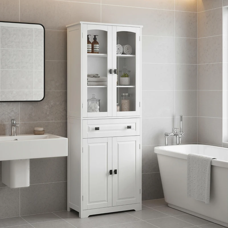 HOMCOM Alacena de Cocina con 2 Puertas de Vidrio 2 Estantes Ajustables y Cajón para Salón Comedor 60x30x160 cm Blanco