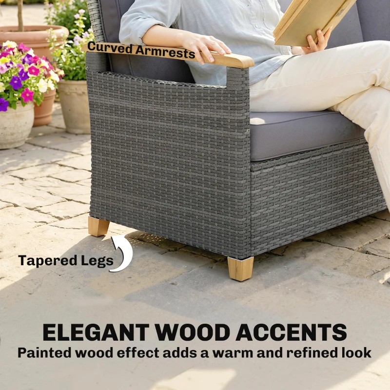 Outsunny 3 Seater Rattan Garden Sofa, PE Wicker Outdoor Sofa Wide Deep Seat, 4" Cushions, Wood-Effect Armrests Legs, Dark Grey