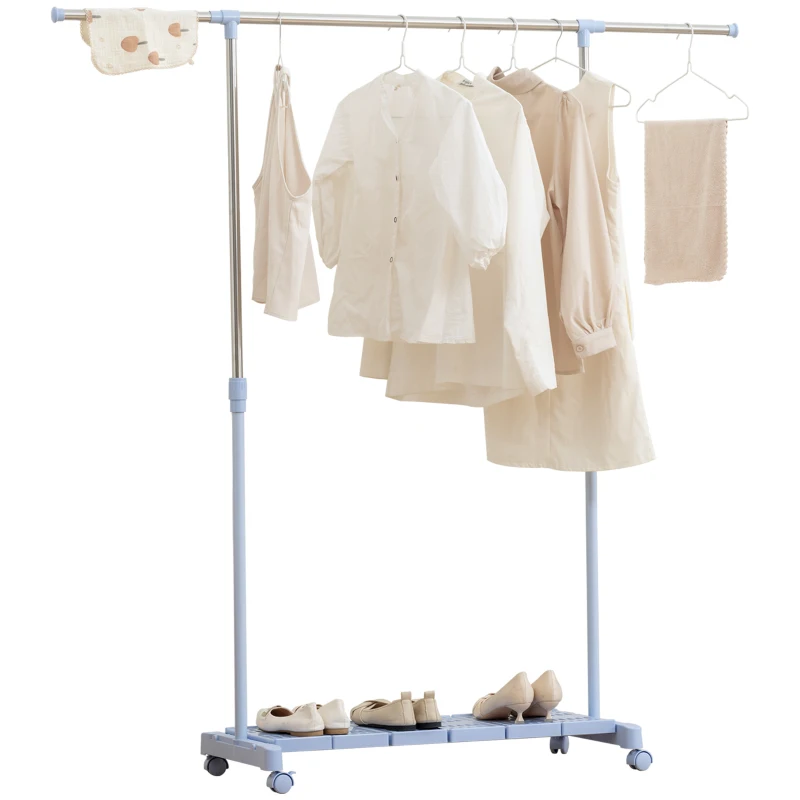 HOMCOM Tendedero Extensible con Ruedas con Barra de Acero Inoxidable y Estante para Zapatos 159x42x168 cm Azul y Plata