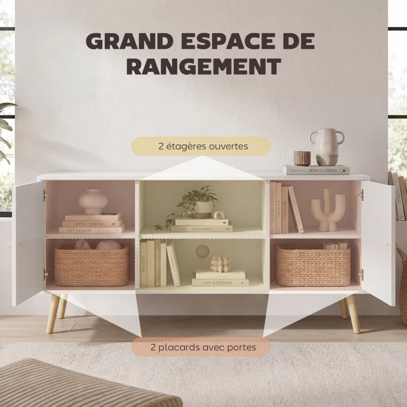 HOMCOM Meuble TV style scandinave 2 portes 2 niches passe-fils piètement bois pin panneaux blanc - 120 x 34 x 50 cm blanc