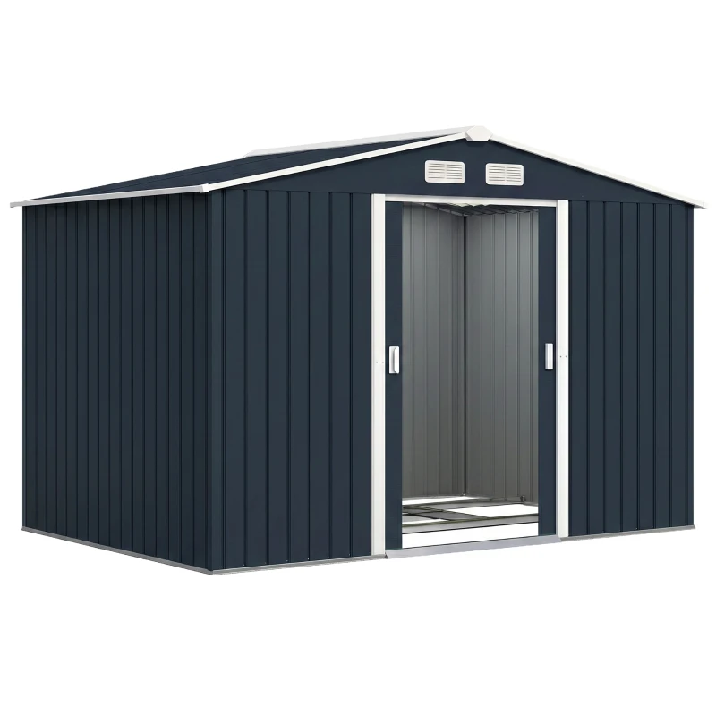 Outsunny Abri de jardin 5,4 m² 2,77 x 1,95 x 1,92 m kit de fondation porte coulissante ventilations acier galvanisé, gris foncé(m-12)