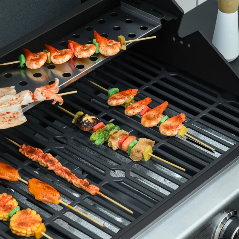 Outsunny Gas Barbecue Grill 4+1 Burner Garden Smoker BBQ Trolley w/ Side Burner Warming Rack Side Shelves Storage Cabinet Piezo Ignition Thermometer Stainless Steel + Metal
