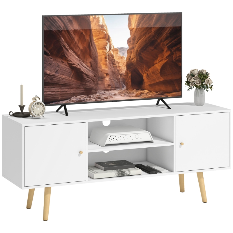 HOMCOM Meuble TV style scandinave 2 portes 2 niches passe-fils piètement bois pin panneaux blanc - 120 x 34 x 50 cm blanc