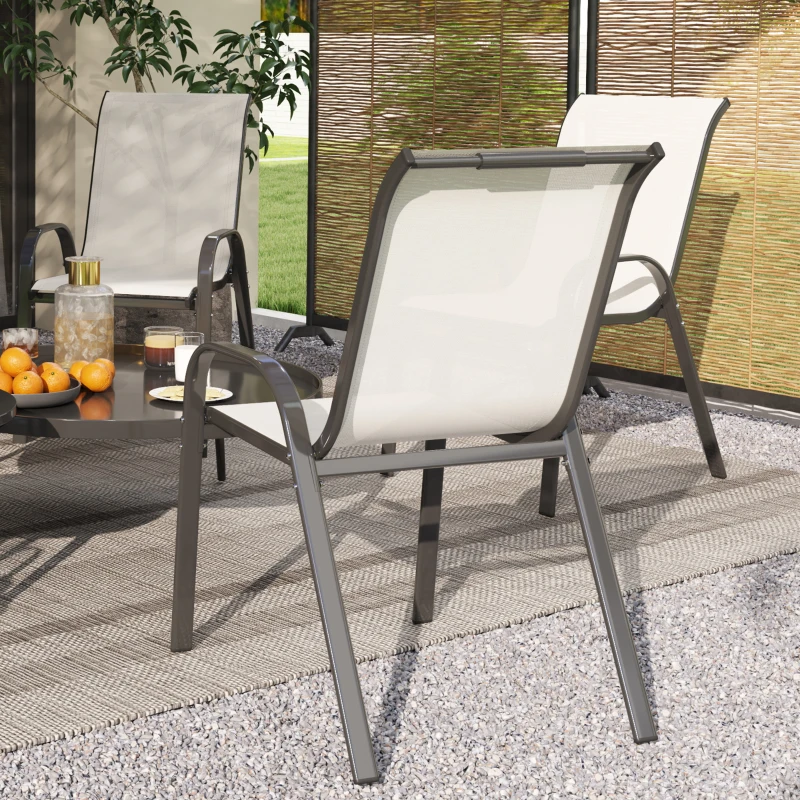 Outsunny Set de 4 Sillas de Exterior Apilables con Asiento de Malla Respaldo Alto y Marco de Acero para Jardín Beige y Negro