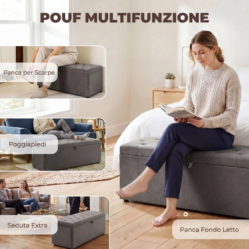 HOMCOM Cassapanca in Velluto140L con Seduta Ampia Imbottita, Capacità 240kg, Camera da Letto Soggiorno Ingresso, Grigio