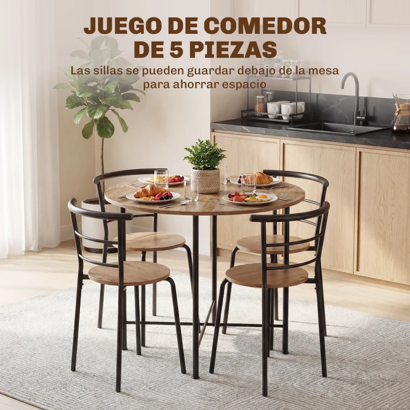 HOMCOM Juego de Mesa y 4 Sillas de Comedor Redonda Estilo Industrial Marco Metálico para Espacios Pequeños Salón Natural
