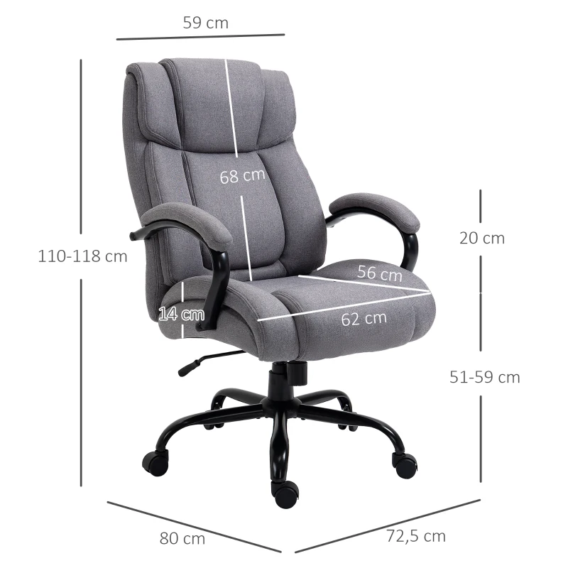 Vinsetto Bürostuhl, Ergonomischer Chefsessel bis 220 kg belastbar, Gepolsterter Schreibtischstuhl mit Armlehne, breit Sitz, Höhenverstellbarer Drehstuhl mit Wippfunktion, Leinenoptik, Hellgrau