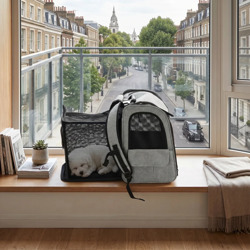 PawHut Trasportino Espandibile per Gatti con con 5 Tasche e Striscia Riflettente, 33,5x28x42 cm, Grigio Chiaro