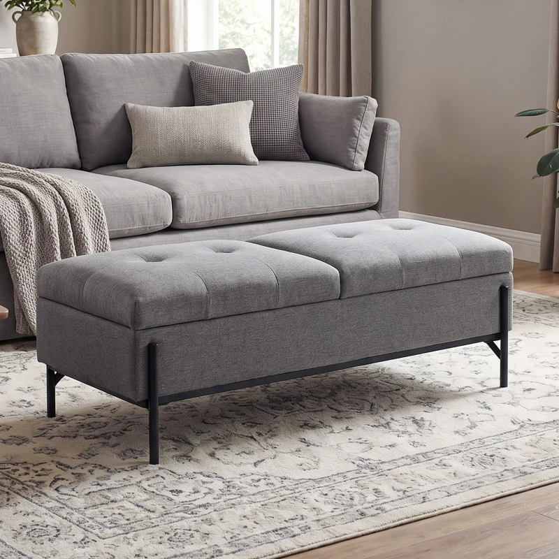 HOMCOM Sitztruhe aus Leinen, Bettbank mit 2 Fächern, klappbaren Deckeln und extra dicker Polsterung, 117 x 50 x 44 cm