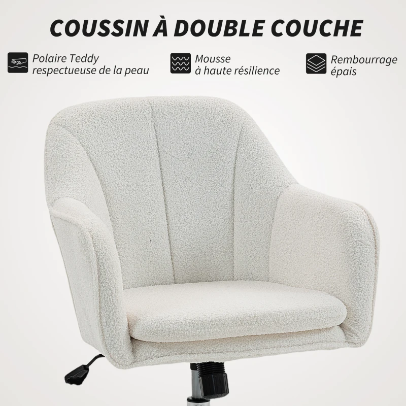 HOMCOM Fauteuil de salon, chaise pivotant à hauteur réglable, fonction de bascule, coussin rembourré, 61 x 64 x 80-92 cm, blanc