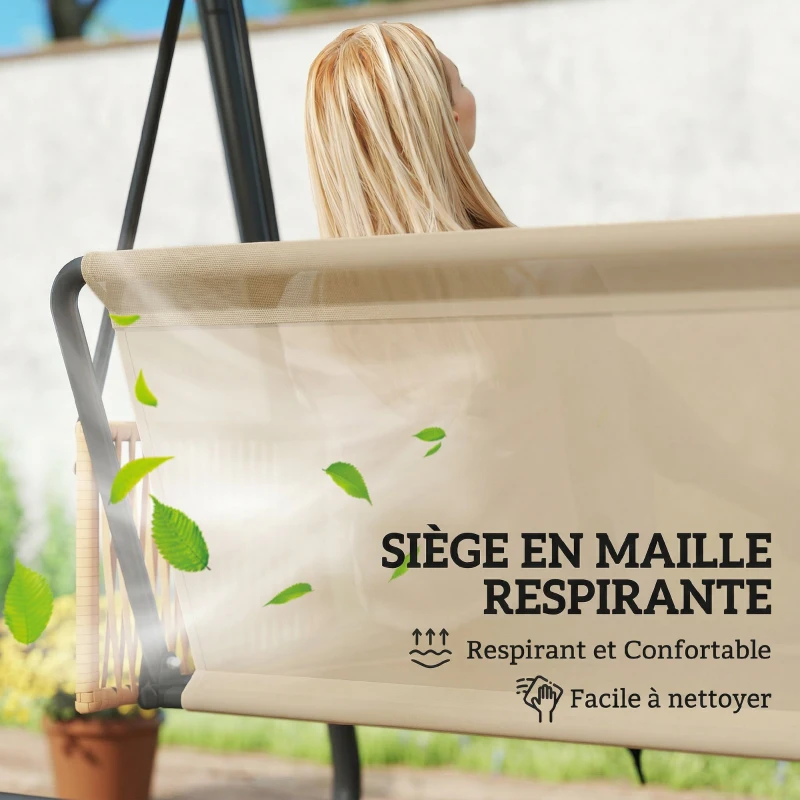 Outsunny Balancelle de Jardin Banc Suspendu Extérieur 3 Places Structure Acier Robuste 360kg Coussin Grand Confort 7cm Sable