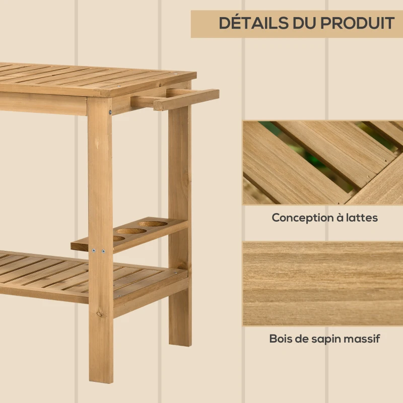 Outsunny Desserte de jardin chariot pour plancha barbecue en bois avec poignée 2 plateaux et porte-bouteilles 95 x 47 x 74 cm